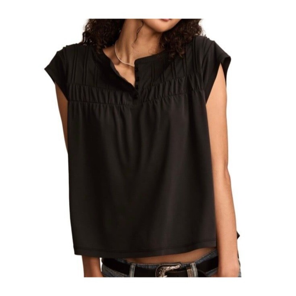 Lucky Brand Smocked Short-Sleeve Henley Top Jet Black Size L New With Tags